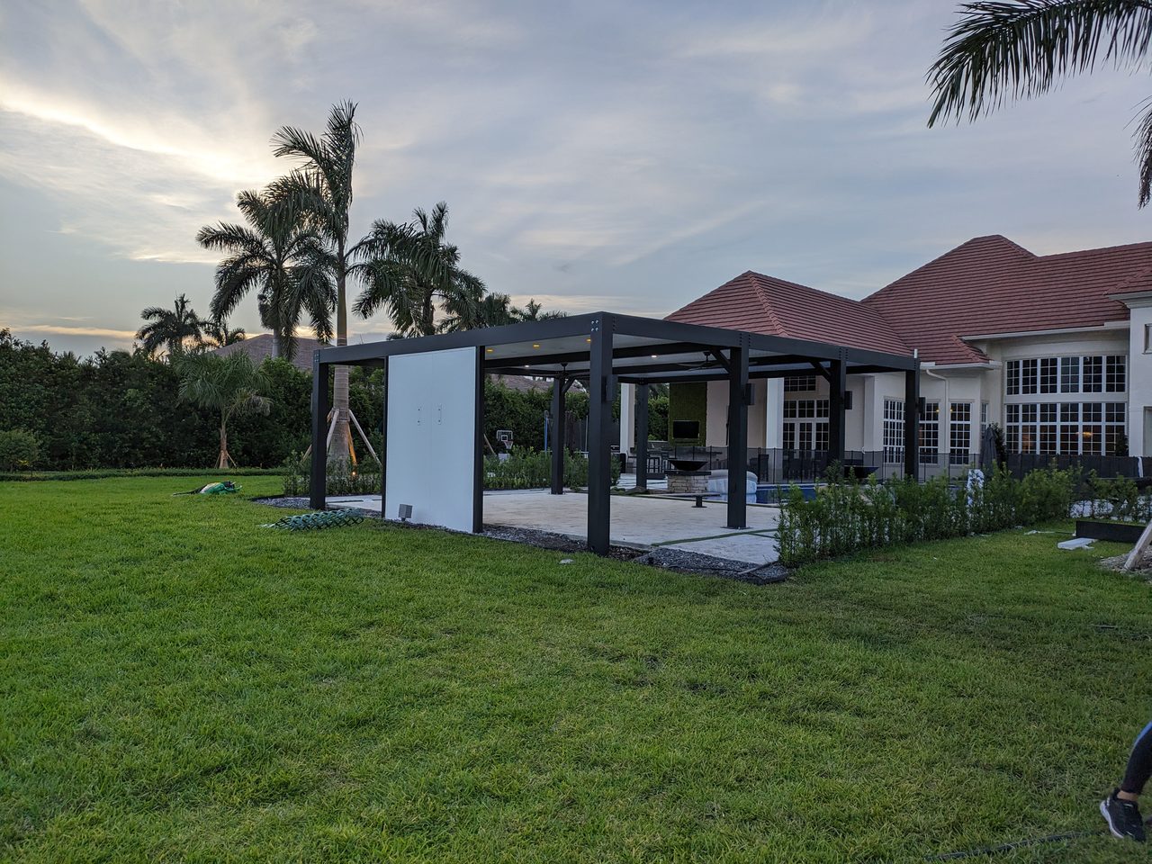 Modern Bronze Aluminum Pergola with Decorative Wall